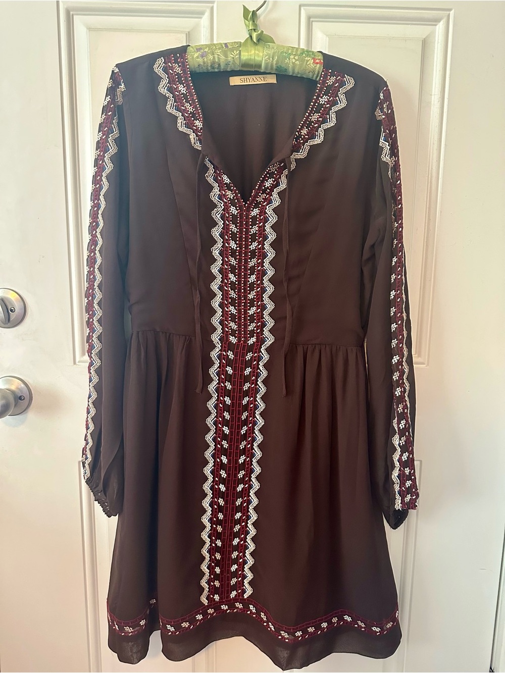 Shyanne Brown Long-Sleeve Embroidered Boho Dress with Burgundy Trim